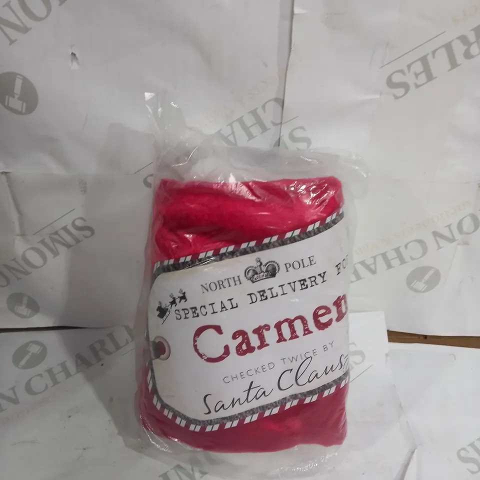 PERSONALISED SPECIAL DELIVERY TAG CHRISTMAS STOCKING // Name: Carmen RRP £14.99