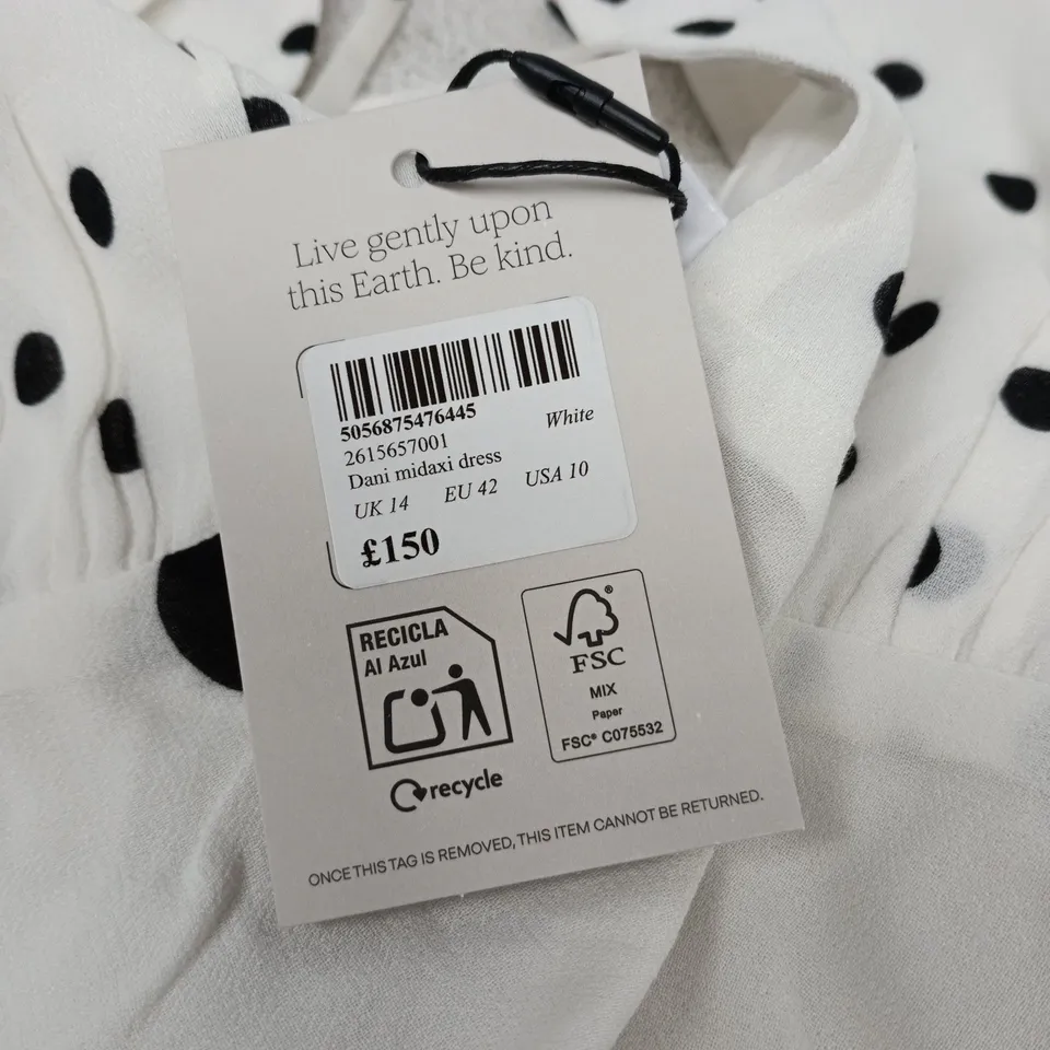 NOBODY'S CHILD DANI MIDAXI DRESS – WHITE WITH BLACK POLKA DOTS, UK 14 (EU 42)