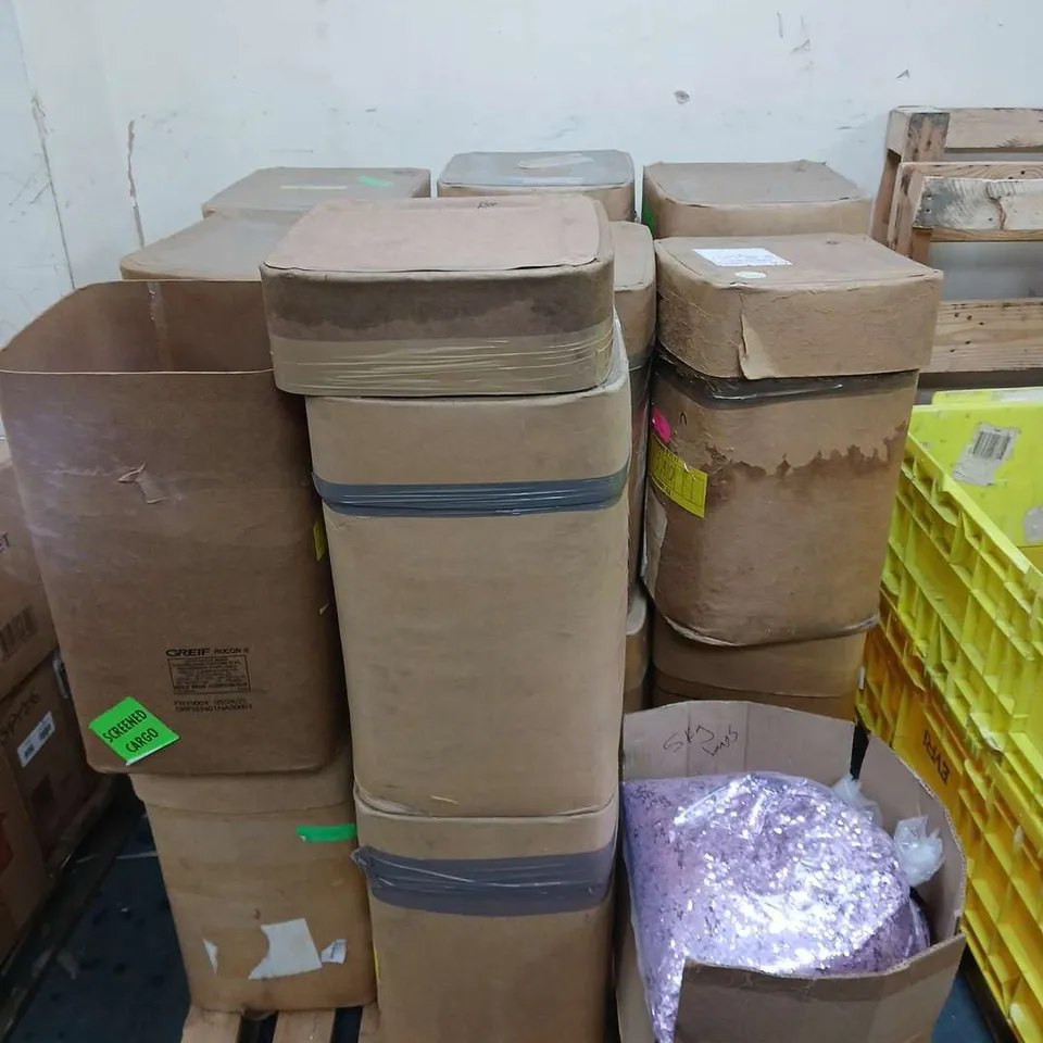 PALLET OF APPROXIMATELY 12 BOXES OF ASSORTED GLITTER PRODUCTS IN VARIOUS COLOURS AND DIAMETERS TO INCLUDE CORAL, JET GLOW, SEQUINED PURPLE ETC - COLLECTION ONLY 