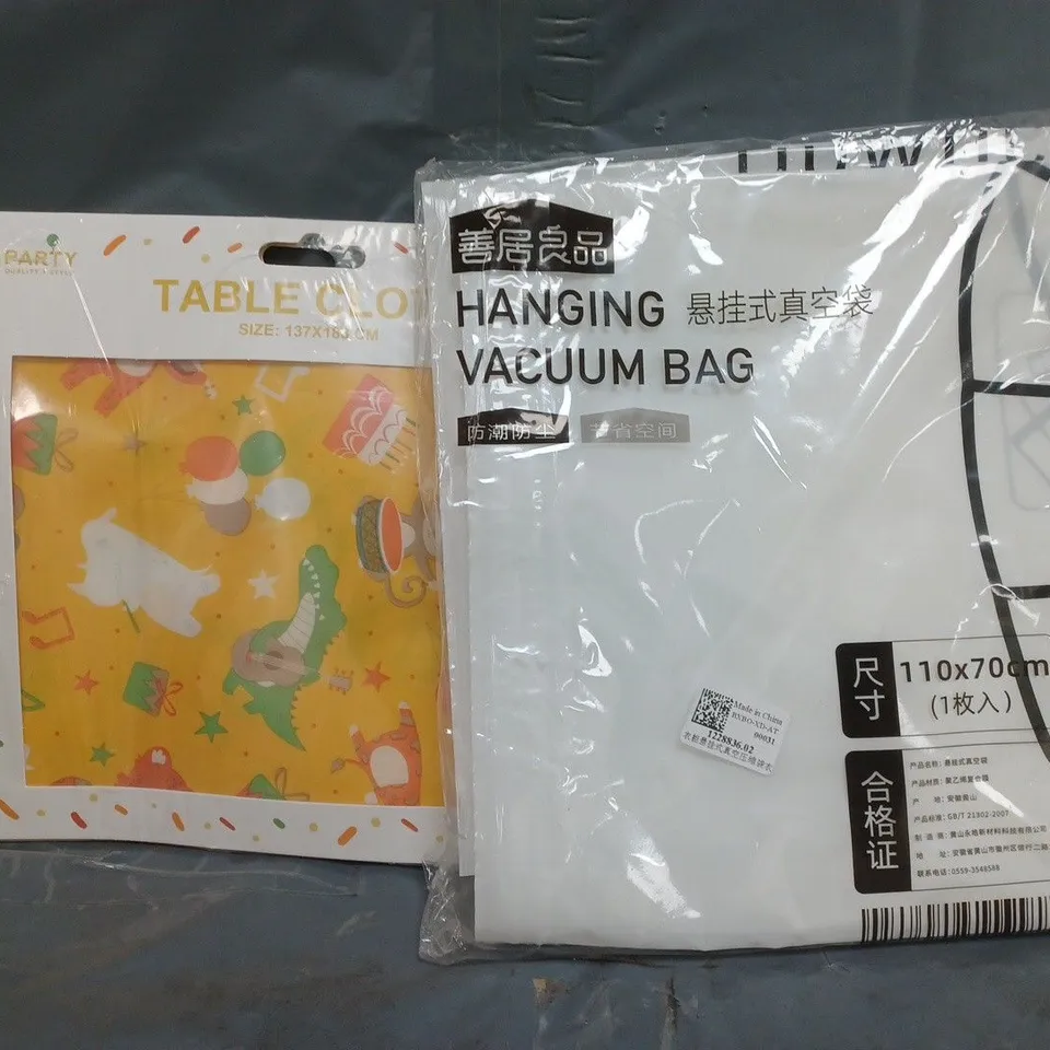 BOX OF APPROXIMATELY 15 ASSORTED HOUSEHOLD ITEMS TO INCLUDE HANGING VACUUM BAG, TABLE CLOTH, ETC - COLLECTION ONLY