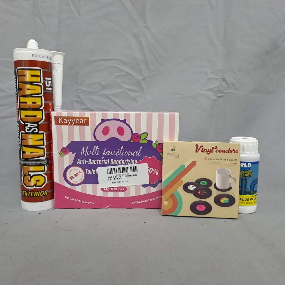 APPROXIMATELY 10 ASSORTED HOUSEHOLD ITEMS TO INCLUDE VINYL DRINKS COASTERS, SINK & DRAIN CLEANER, ETC