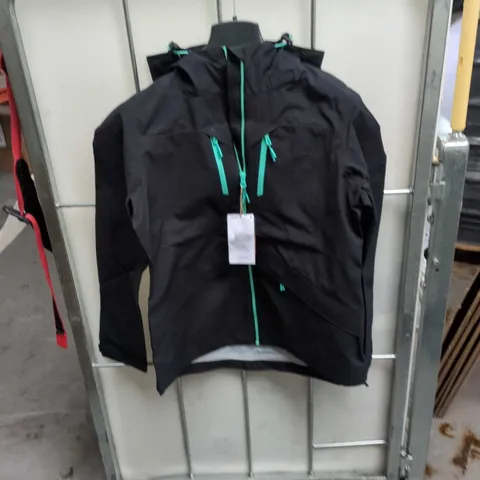MOUNTAIN WAREHOUSE EXTREME WATERPROOF JACKET – UK 12, BLACK WITH TEAL ZIPS