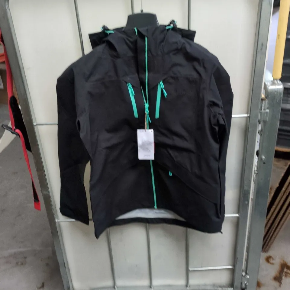 MOUNTAIN WAREHOUSE EXTREME WATERPROOF JACKET – UK 12, BLACK WITH TEAL ZIPS