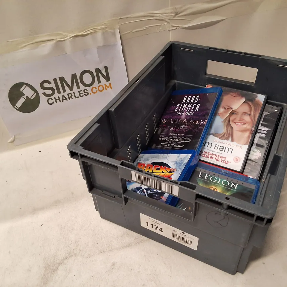 TOTE CONTAINING ASSORTED DVDS INCLUDING LEGION BLU-RAY, BACK TO THE FUTURE 30TH ANNIVERSARY TRILOGY BLU-RAY, I AM SAM DVD & HANS ZIMMER LIVE IN PRAGUE BLU-RAY