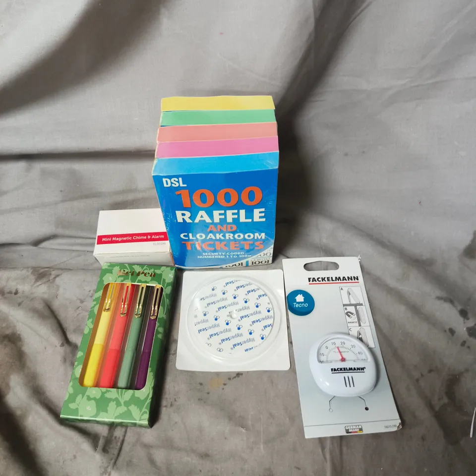 APPROXIMATELY 15 ASSORTED HOUSEHOLD ITEMS TO INCLUDE RAFFLE AND CLOAKROOM TICKETS, GEL PENS AND HYPER SEAL WASHERS