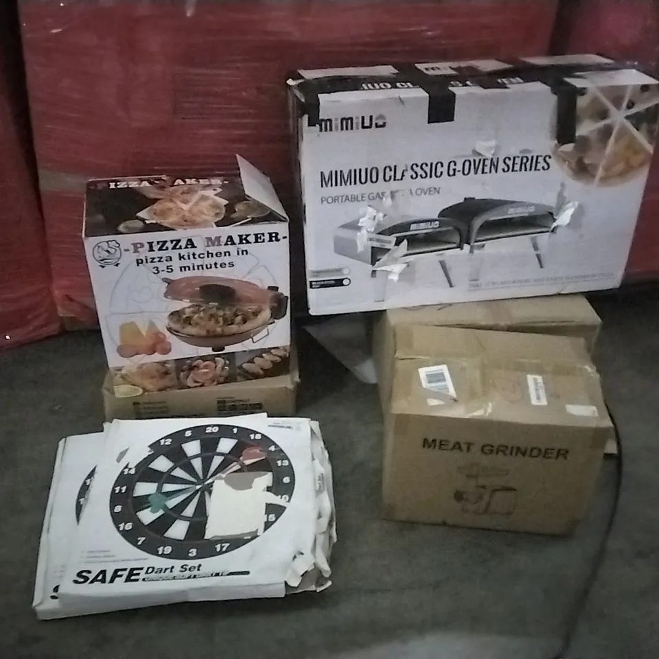 PALLET OF ASSORTED ITEMS TO INCLUDE: DUPRAY STEAM CLEANER, PIZZA MAKER, DART BOARDS, MIMIUO G-OVEN SERIES, MEAT GRINDER 