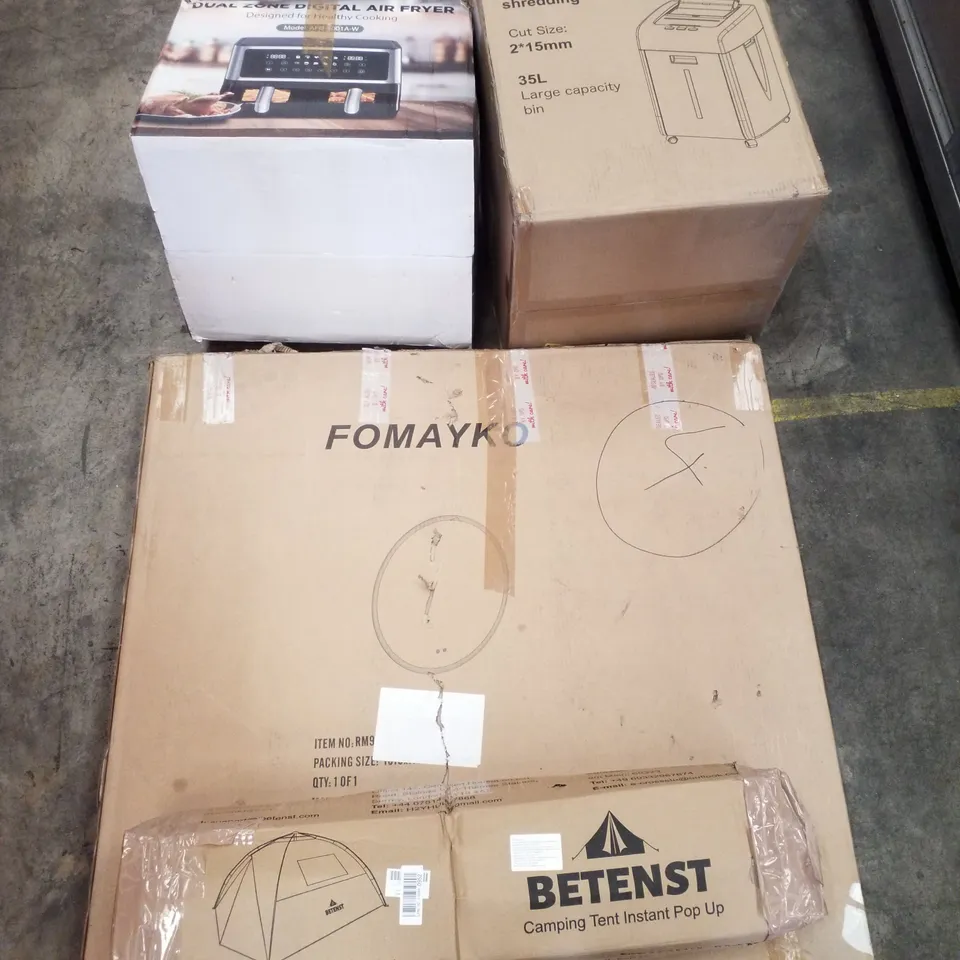 PALLET CONTAINING ASSORTED PRODUCTS INCLUDING DUAL ZONE AIR FRYER, SHREDDER, INSTANT POP UP CAMPING TENT & WALL MOUNTED BATHROOM MIRROR 