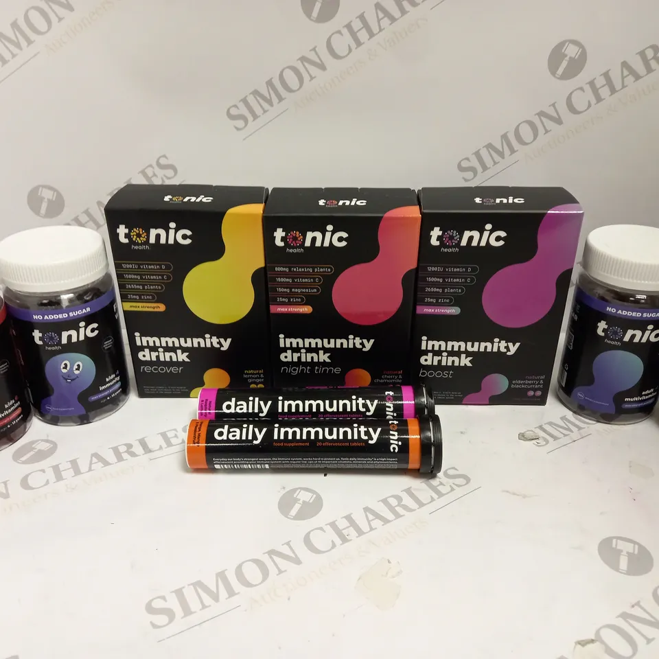 APPROXIMATELY 9 TONIC HEALTH MULTI VITAMIN PRODUCTS TO INCLUDE GUMMIES, IMMUNITY DRINK, TABLETS ETC 