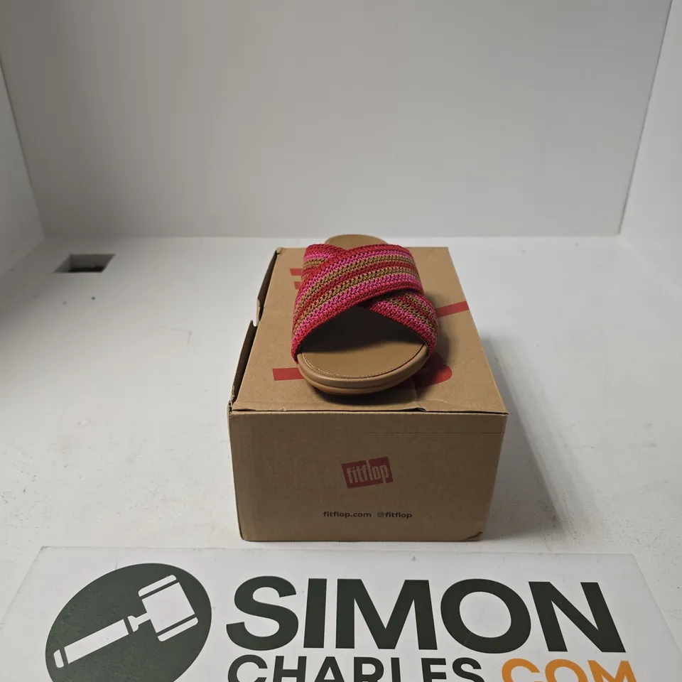 BOXED PAIR OF FITFLOP GRACIE STRIPE WEBBING CROSS SLIDES SIZE UK 4.5