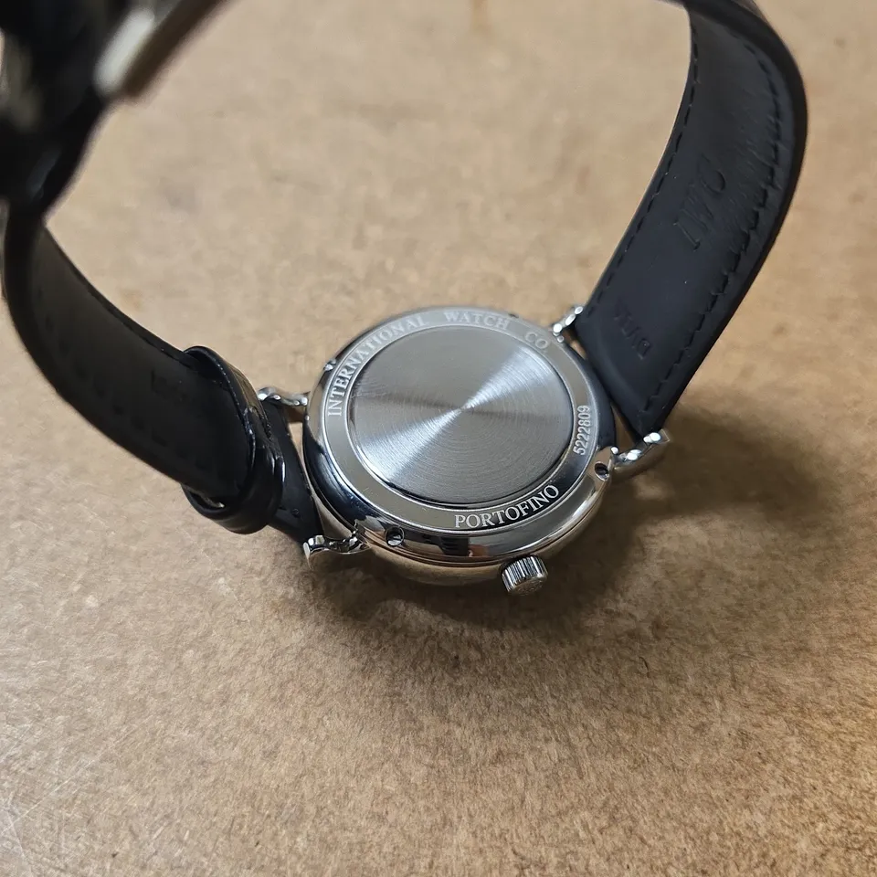 BOXED IWC PORTOFINO 40MM WATCH WITH WHITE DIAL & BLACK LEATHER STRAP