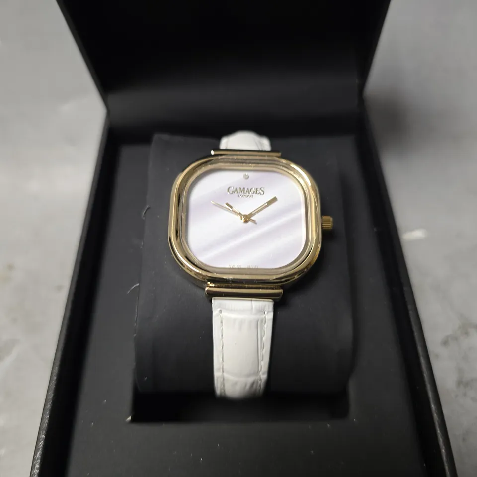 BOXED GAMAGES MIRROR GOLD WHITE WATCH
