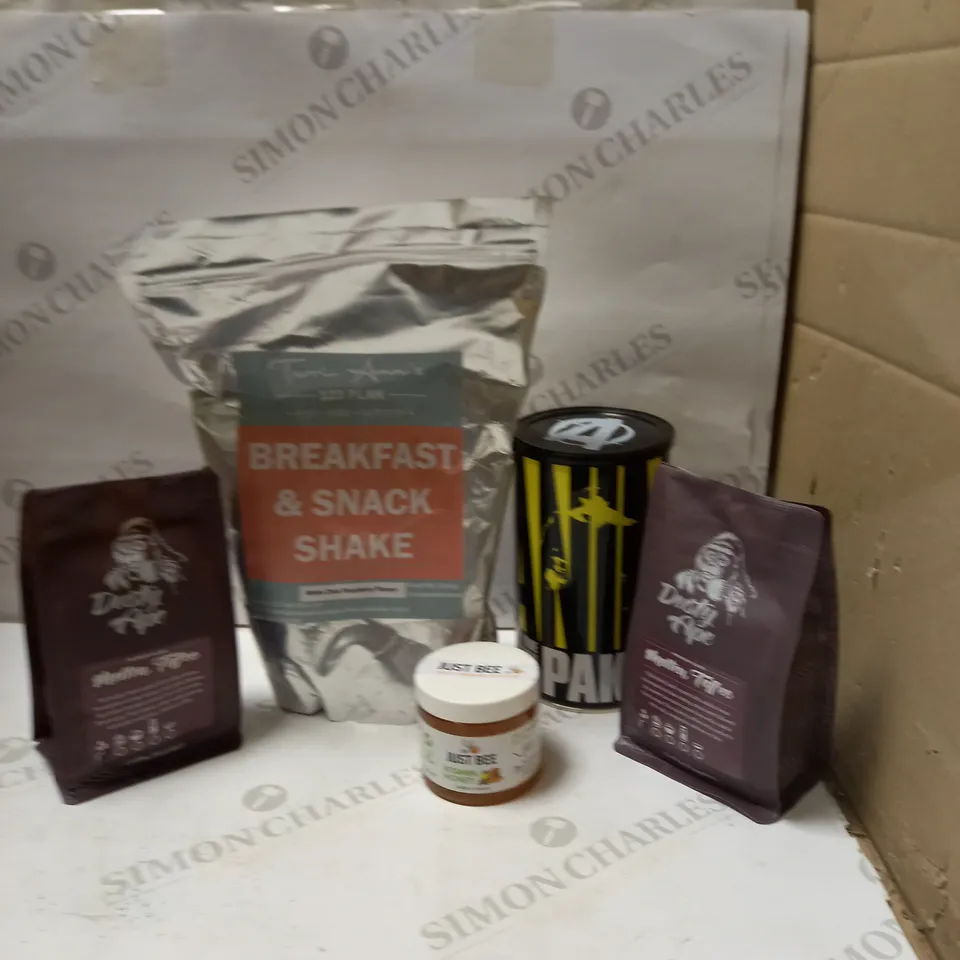 BOX OF ASSORTED COFFEE, PROTEIN POWDER AND HONEY