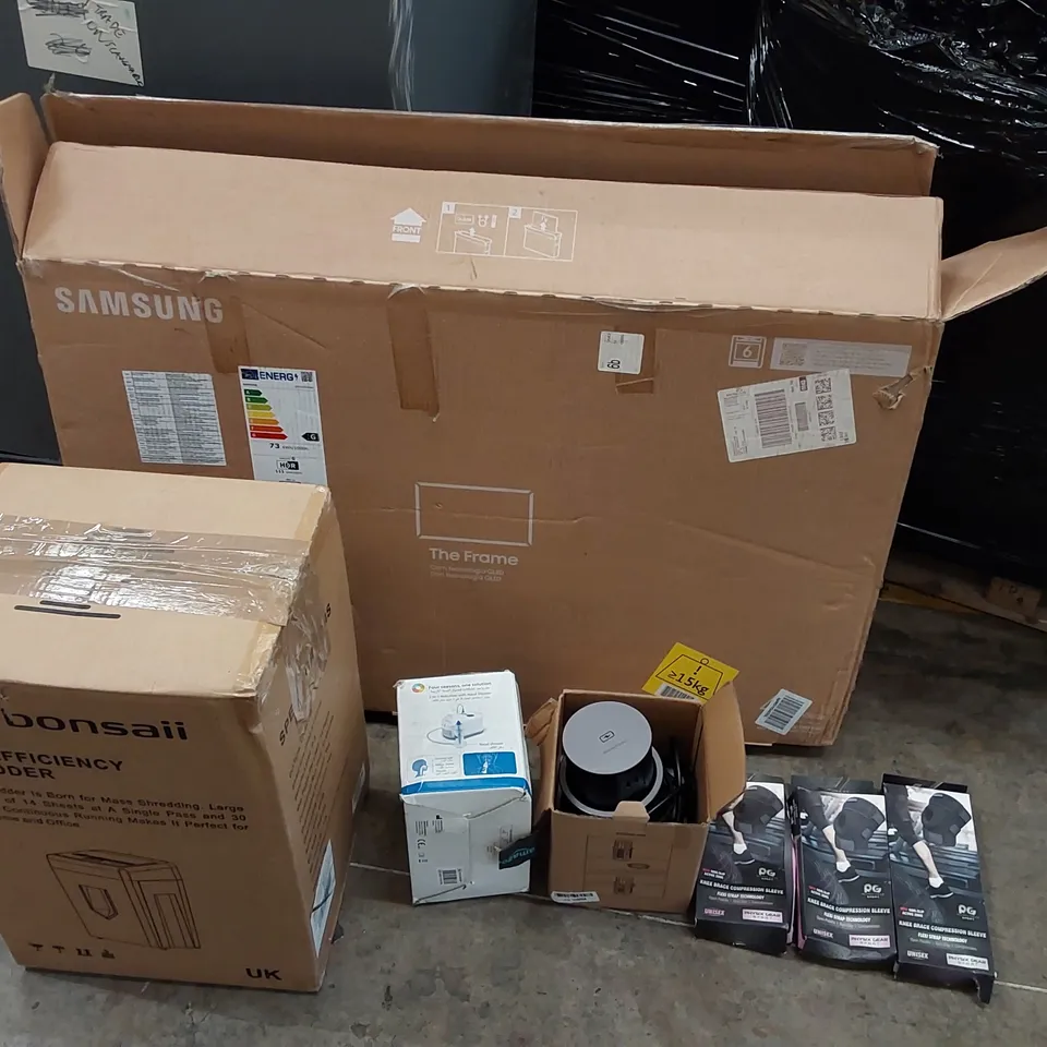 PALLET OF ASSORTED ITEMS INCLUDING: SAMSUNG 43" QE34L 'THE FRAME', BONSAII PAPER SHREDDER, POP UP WIRELESS CHARGER/SOCKET, 2-IN-1 NEBULIZER WITH NASAL SHOWER, KNEE BRACE COMPRESSION SLEEVES ECT
