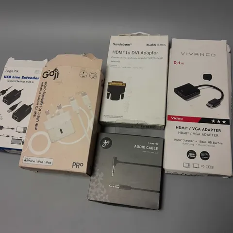5 BOXED ELECTRICAL PRODUCTS TO INCLUDE VIVANCO HDMI/VGA ADAPTER, GOJI 18W PD MAINS CHARGER WITH USB C TO LIGHTNING CABLE, SANDSTROM HDMI TO DVI ADAPTER, ETC