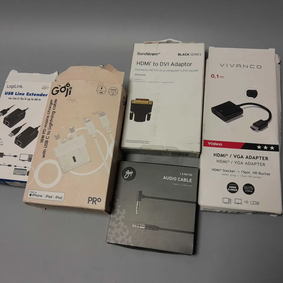 5 BOXED ELECTRICAL PRODUCTS TO INCLUDE VIVANCO HDMI/VGA ADAPTER, GOJI 18W PD MAINS CHARGER WITH USB C TO LIGHTNING CABLE, SANDSTROM HDMI TO DVI ADAPTER, ETC