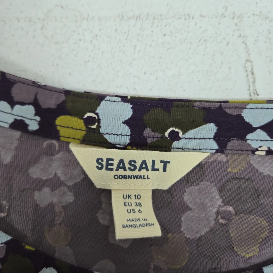 SEASALT CORNWALL WOMEN’S FLORAL DRESS – PURPLE WITH BLUE/YELLOW PRINT, UK 10 (EU 38)