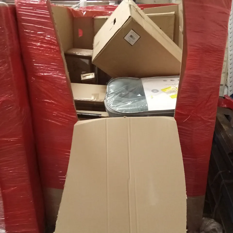 PALLET OF ASSORTED HOUSEHOLD GOODS AND PRODUCTS TO INCLUDE; AIR COOLER, PLASTIC PLANTER, INFANT LOUNGER CUSHION ETC