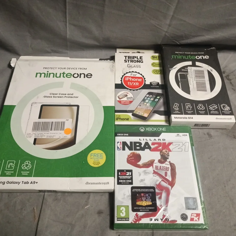 LARGE BOX OF APPRX 10 ASSORTED ITEMS TO INCLUDE XBOX ONE GAMES, SCREEN PROTECTOR AND PHONE CASES