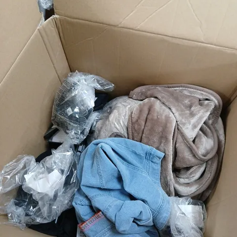 BLUE DENIM SHIRT IN BOX WITH BEIGE FLEECE BLANKET – JOB LOT OF LARGE QUANTITY CLOTHES AND GARDEN ITEMS MAY MISSING BITS AND BROKEN ITEMS .