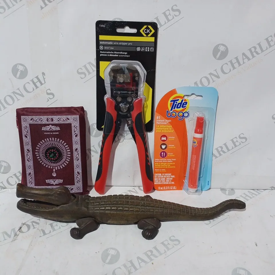 APPROXIMATELY 15 ASSORTED HOUSEHOLD ITEMS TO INCLUDE TIDE TO GO STAIN REMOVER, AUTOMATIC WIRE STRIPPER PRO, POCKET PRAYER MAT, ETC