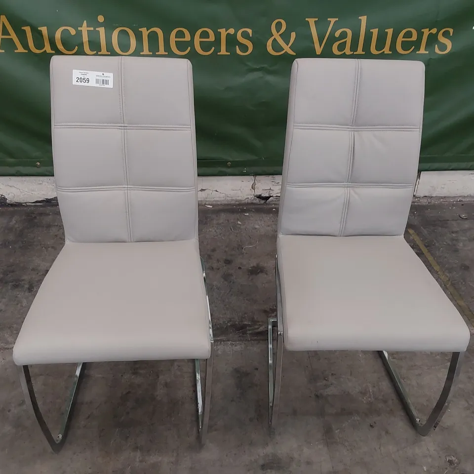 PAIR OF DESIGNER UPHOLSTERED DINING CHAIRS GREY PU ON CHROME FRAME