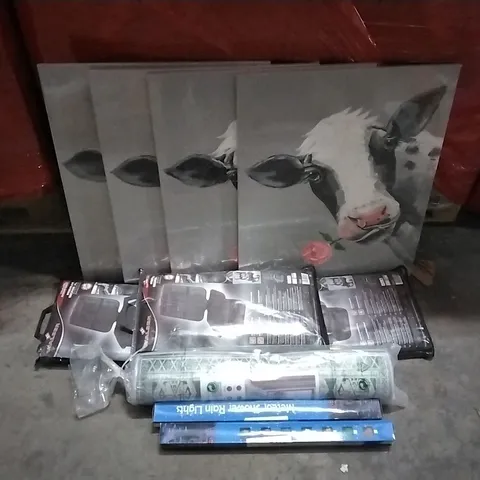 PALLET OF HOUSEHOLD ITEMS TO INCLUDE COW WITH ROSE WRAPPED CANVAS ART,SEAT PROTECTORS, RUG,METOER SHOWER RAIN LIGHTS AND OTHER ASSORTED ITEMS...
