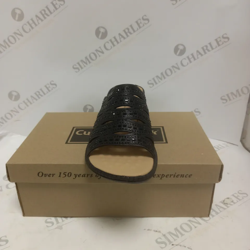 BOXED PAIR OF CUSHION WALK BLACK WEDGE SANDALS - SIZE 5