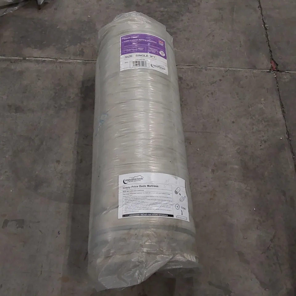 QUALITY BAGGED AND ROLLED 25CM DEEP 1000 POCKET SPRING 3FT SINGLE MATTRESS 