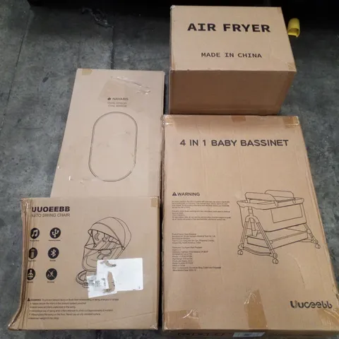 PALLET OF ASSORTED PRODUCTS INCLUDING AIR FRYER, 4 IN 1 BABY BASSINET, AUTO SWING CHAIR, OVAL MIRROR 