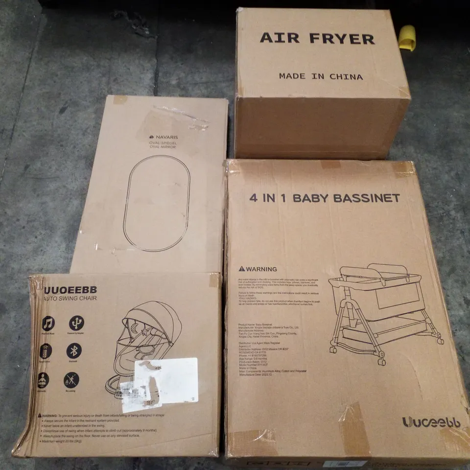 PALLET OF ASSORTED PRODUCTS INCLUDING AIR FRYER, 4 IN 1 BABY BASSINET, AUTO SWING CHAIR, OVAL MIRROR 