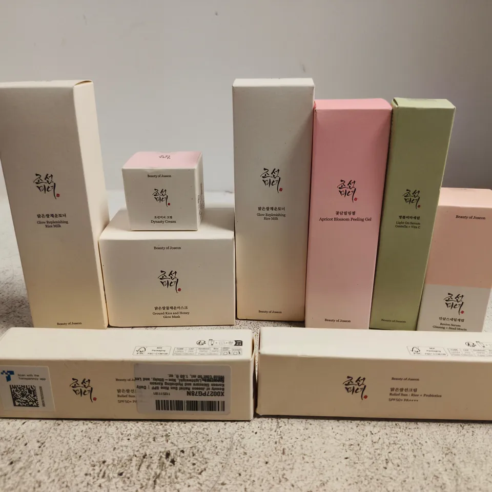 APPROX 9 ASSORTED BEAUTY OF JOSEON PRODUCTS TO INCLUDE RICE MILK, PEELING GEL, REVIVE SERUM, ETC