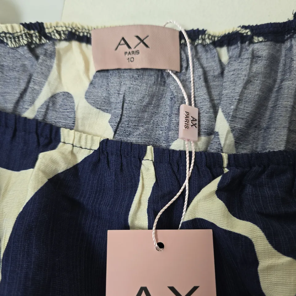 AX PARIS WOMEN’S DRESS – NAVY & CREAM ABSTRACT PRINT, SMOCKED BODICE, PUFF SLEEVES, UK 10