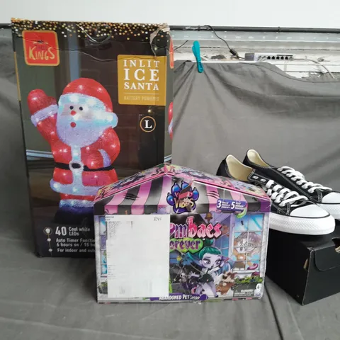 4 ASSORTED PRODUCTS TO INCLUDE THREE KINGS INLIT ICE SANTA, CONVERSE MEN SHOES SIZE 9, ZOMBAES FOREVER WILD VIBES ABANDONED PET SHOP