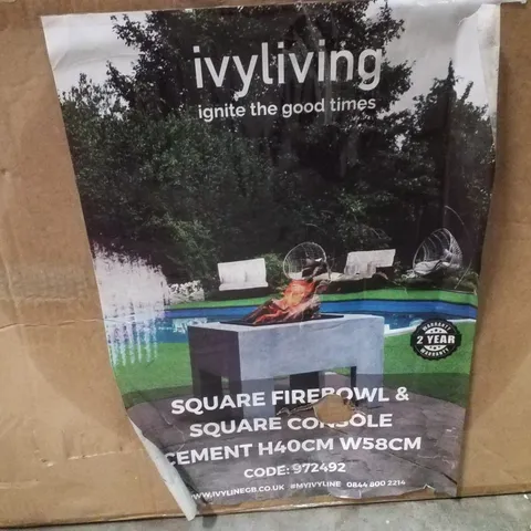 BOXED IVYLIVING SQUARE FIRE BOWL & SQUARE CONSOLE - CEMENT 40H × 58W CM
