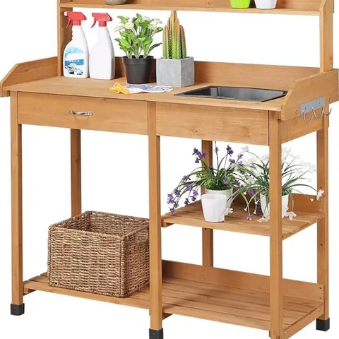 BOXED YAHEETECH GARDEN POTTING TABLE, WOOD POTTING BENCH REMOVABLE SINK DRAWER PLANTING GERMINATION WORKSTATION (1 BOX)