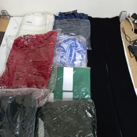 LARGE BOX OF ASSORTED CLOTHING ITEMS IN VARIOUS COLOURS AND SIZES INCLUDING TROUSERS , TOPS AND JUMPERS