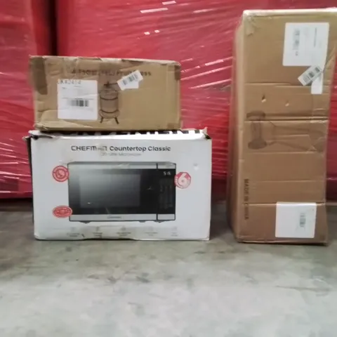 PALLET OF ASSORTED HOUSEHOLD GOODS AND PRODUCTS TO INCLUDE; MICROWAVE,FRUIT PRESS,MOWER
