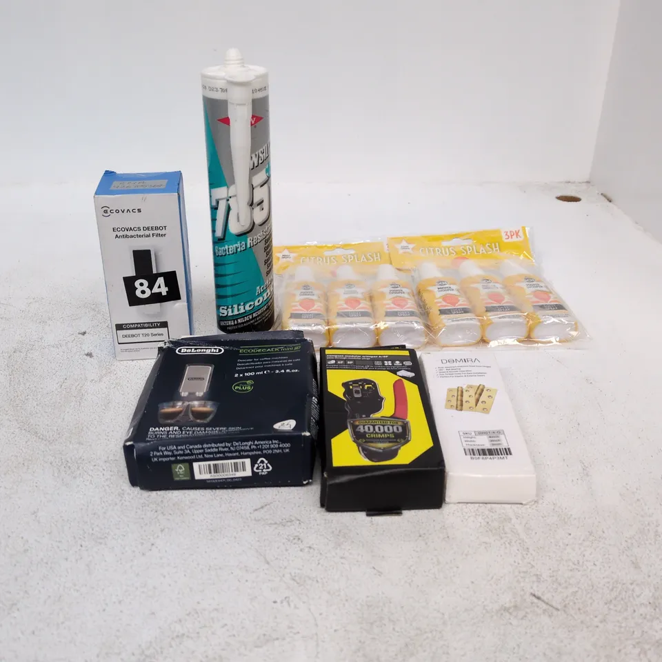 TOTE OF APPROXIMATELY 13 ASSORTED ITEMS TO INCLUDE DOOR HINGES, DELONGHI DESCALER, COMPACT CRIMPER, DOWSIL 785 ETC