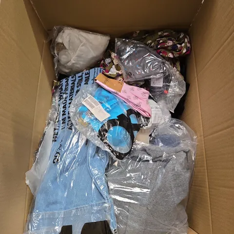 LARGE BOX OF ASSORTED CLOTHING ITEMS IN VARIOUS SIZES, STYLES AND COLOUR 