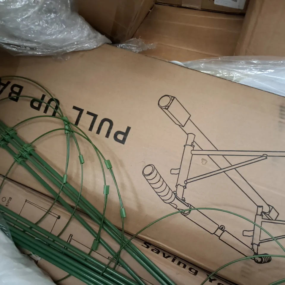 PALLET OF ASSORTED HOUSEHOLD ITEMS TO INCLUDE KIDS BIKE, ARTIFICIAL FEATHERE AND PULL UP BAR