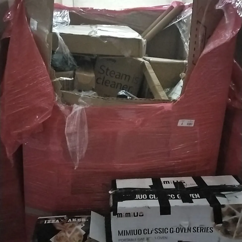 PALLET OF ASSORTED ITEMS TO INCLUDE: DUPRAY STEAM CLEANER, PIZZA MAKER, DART BOARDS, MIMIUO G-OVEN SERIES, MEAT GRINDER 