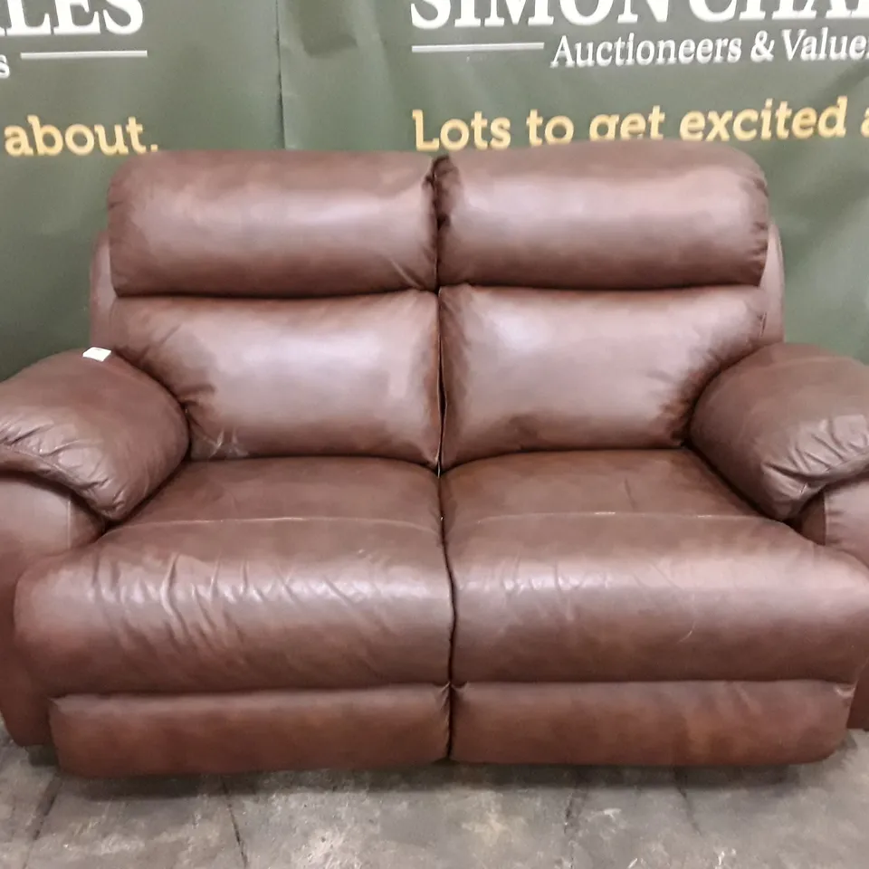 DESIGNER 2 SEATER MANUAL RECLINER SOFA - BROWN LEATHER