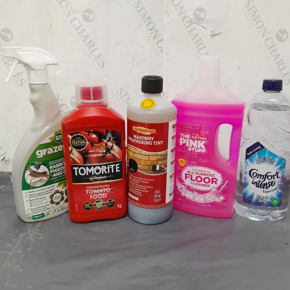 APPROXIMATELY 12 ASSORTED HOUSEHOLD CLEANING PRODUCTS AND ACCESSORIES TO INCLUDE MASONRY WEATHERING TINT, CONCENTRATED TOMATO FOOD, THE PINK STUFF FLOOR CLEANER