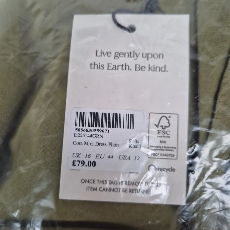BAGGED NOBODYS CHILD CORA MIDI DRESS PLAIN KHAKI – UK 16 (EU 44)