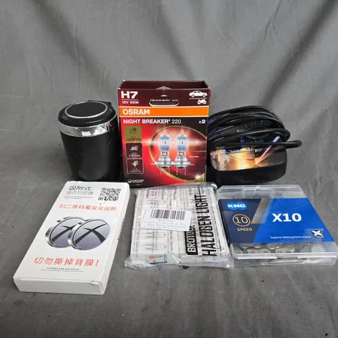 APPROXIMATELY 10 ASSORTED VEHICLE PARTS TO INCLUDE CHAINS, LIGHTS AND TEST BLIND SPOT REARVIEW MIRRORS 