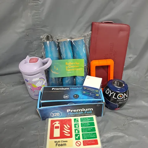 APPROXIMATELY 15 ASSORTED HOUSEHOLD ITEMS TO INCLUDE DYLON ALL IN Q FABRIC DYE, CAMELBACK UNICORN BOTTLE, HOOKAH FOIL, ETC
