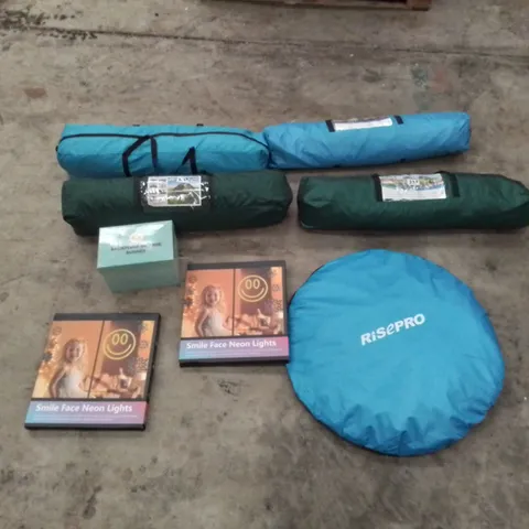 PALLET CONTAINING ASSORTED HOUSEHOLD & HOME IMPROVEMENT PRODUCTS. INCLUDES TENTS, NEON LIGHTS, INCENSE BURNER ETC