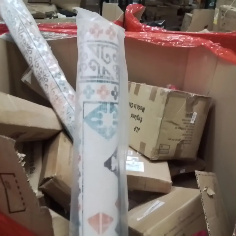 PALLET OF ASSORTED HOUSEHOLD GOODS AND PRODUCTS TO INCLUDE;FAN,AREA RUG,SADDLE PAD
