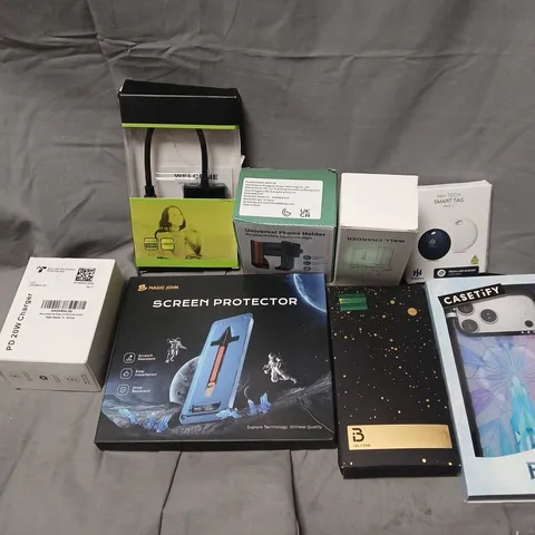 APPROXIMATELY 12 ASSORTED MOBILE PHONE ACCESSORIES TO INCLUDE CASES, SMART TAGS AND CHARGERS, ETC