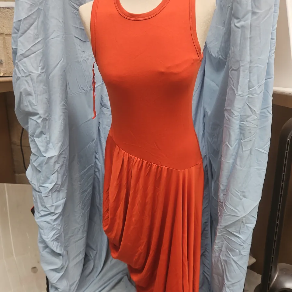 COS SLEEVELESS ORANGE-RED DRAPED DRESS, UK SIZE 8-10 (EU S)